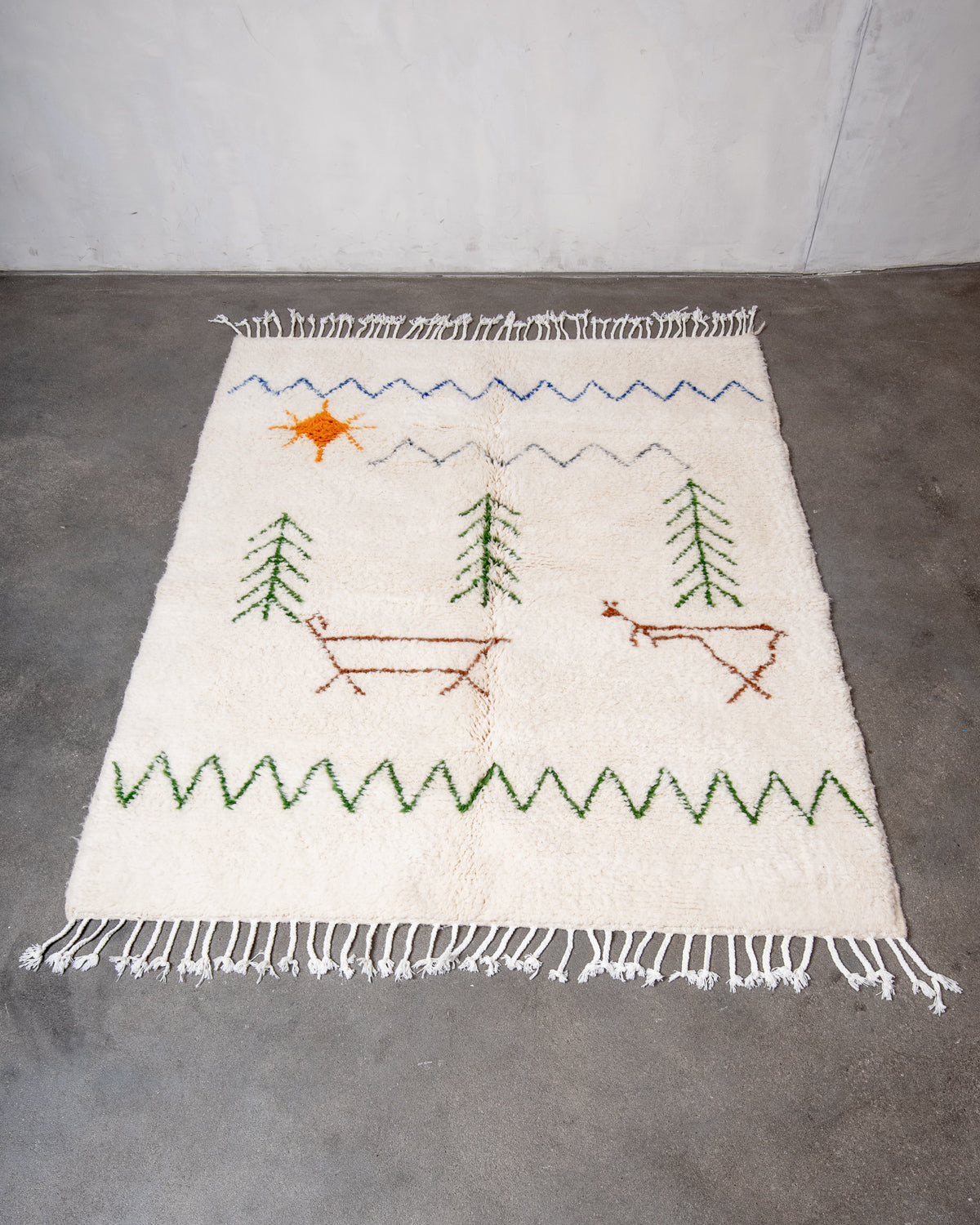Modern, designer, handcrafted Berber rug from Morocco. Beniourain carpet with beautiful colours and patterns and fluffy wool texture.